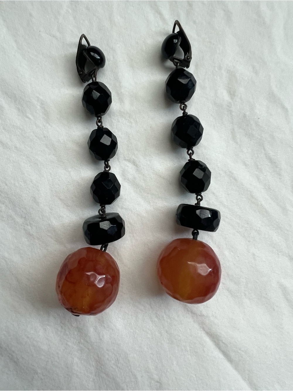 Vintage Artisan Black Faceted & Marbled Amber Drop Dangle Leverback Earrings